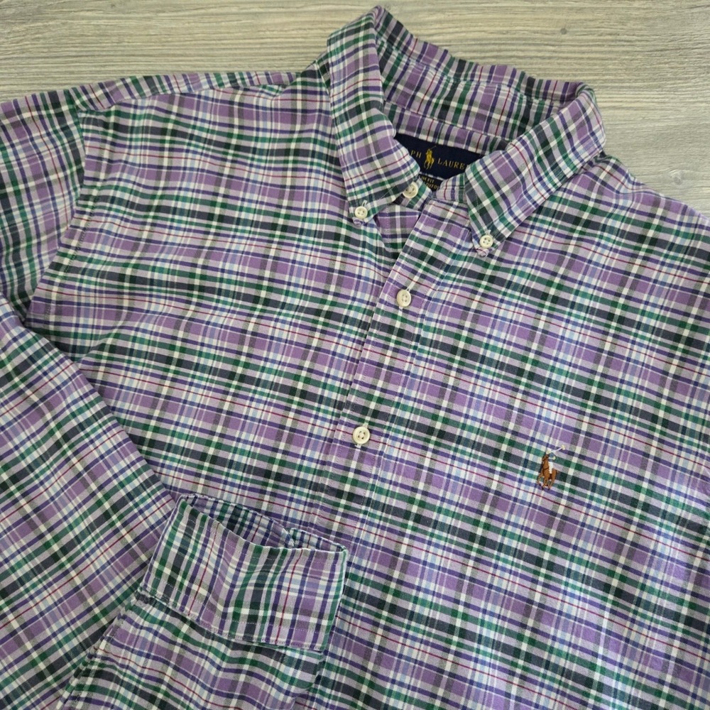 Ralph Lauren Button Down Purple Plaid Slim Fit Stretch Oxford Mens XL
